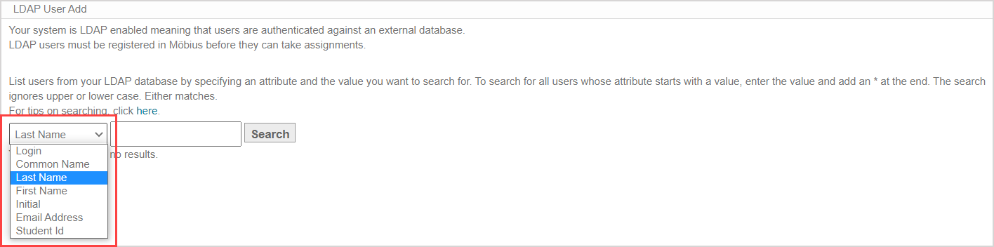 LDAP User Add menu; the Attribute drop-down has Login, Common Name, Last Name, First Name, Initial, Email address and Student Id.
